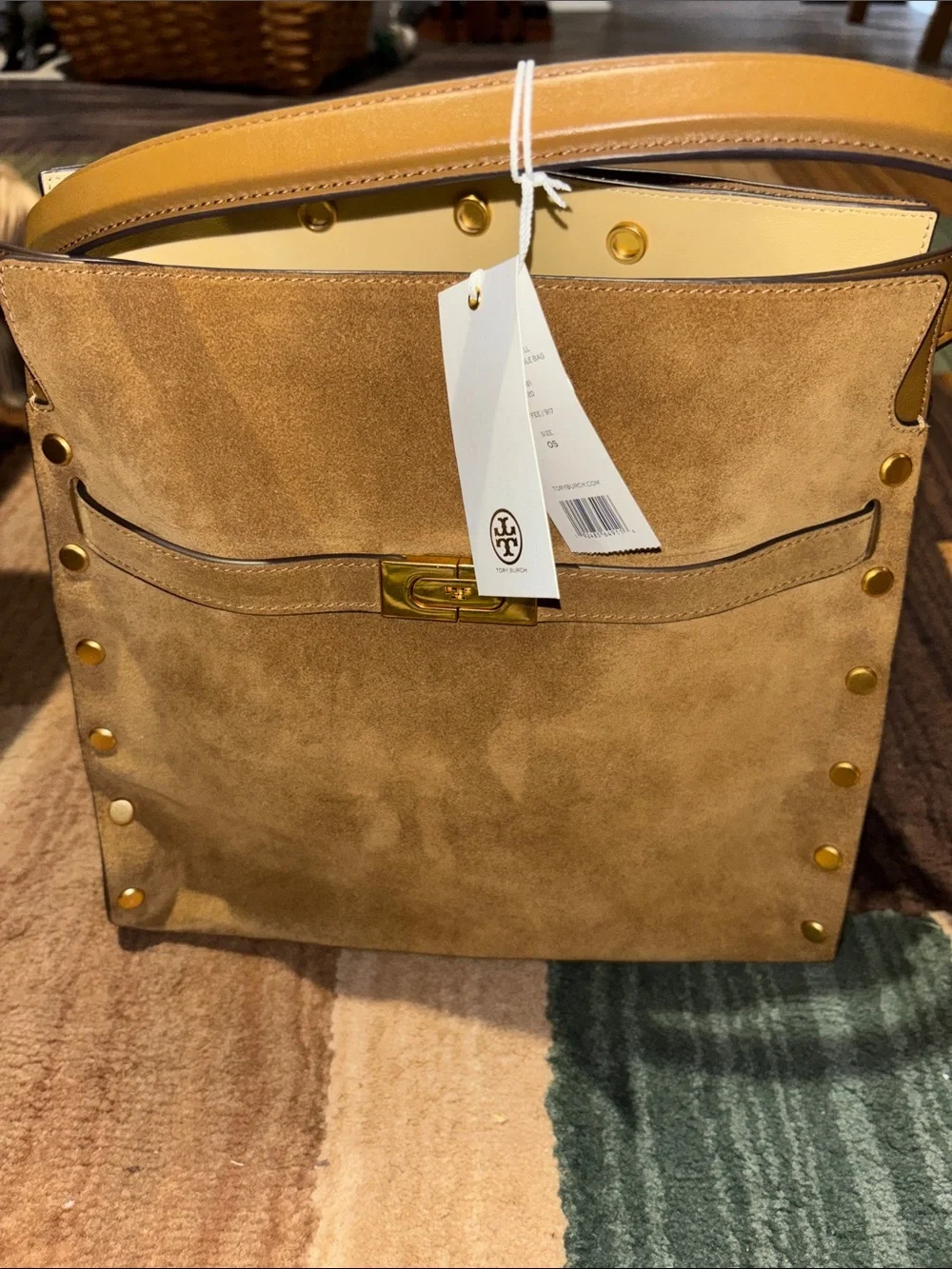 Tory Burch Lee Radzwill Suede Shoulder Bag in Tan with Gold Hardware